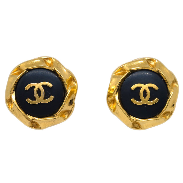 Chanel Button Earrings Clip-On Black Gold 96P