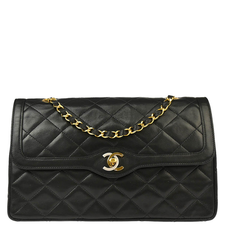 Chanel 1986-1988 Black Lambskin Paris Double Flap Shoulder Bag