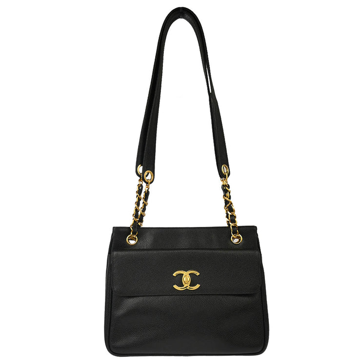 Chanel 1994-1996 Black Caviar Chain Shoulder Tote Bag