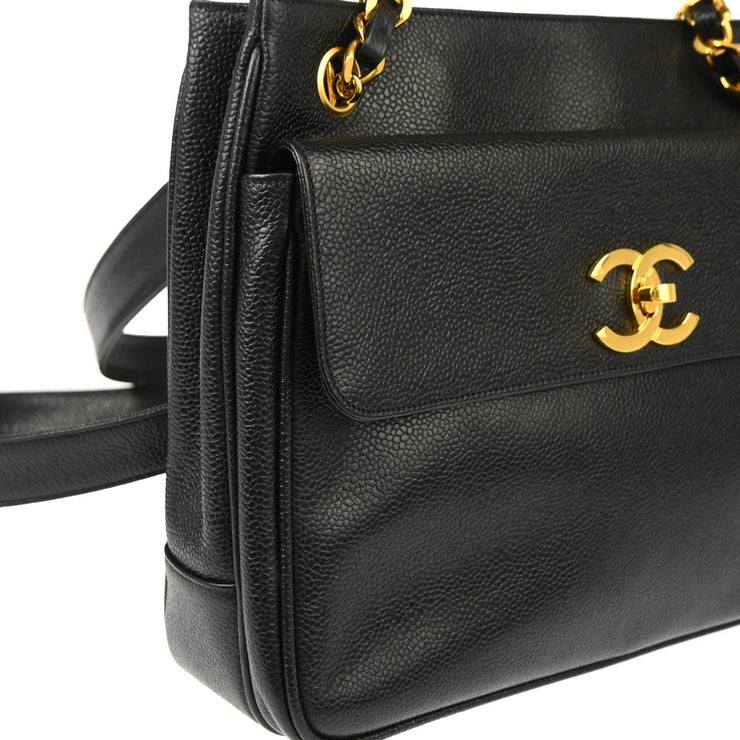 Chanel 1994-1996 Black Caviar Chain Shoulder Tote Bag