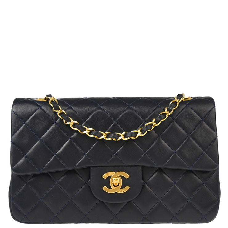 Chanel 1989-1991 Navy Lambskin Small Classic Double Flap Shoulder Bag