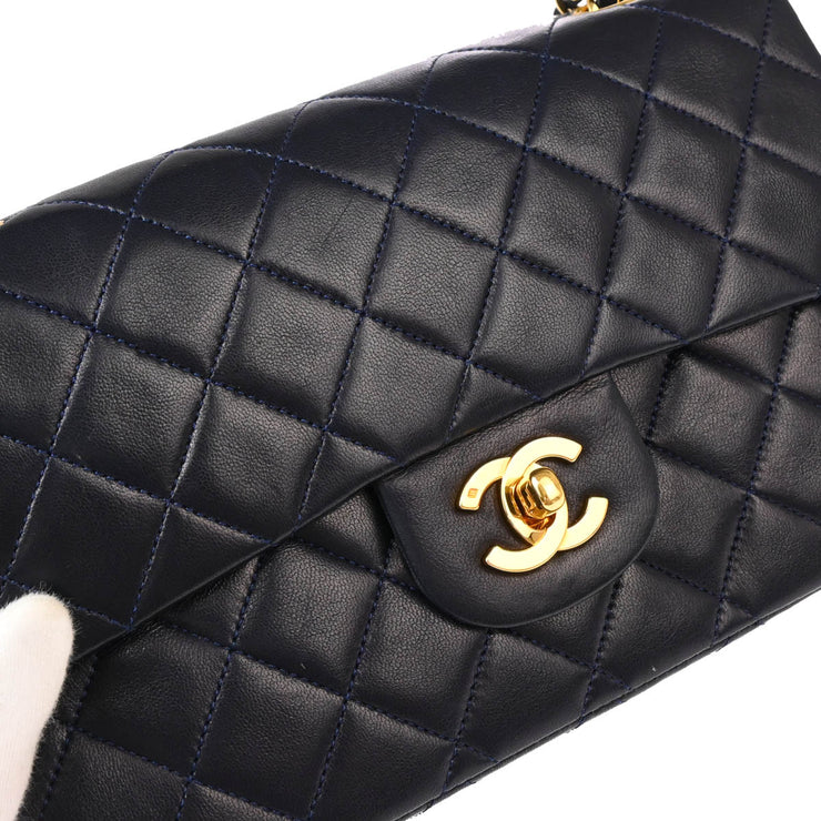 Chanel 1989-1991 Navy Lambskin Small Classic Double Flap Shoulder Bag