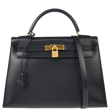 Hermes 1996 Navy Box Calf Kelly 32 Sellier 2way Shoulder Handbag