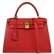 Hermes 2001 Rouge Vif Courchevel Kelly 28 Sellier 2way Shoulder Handbag