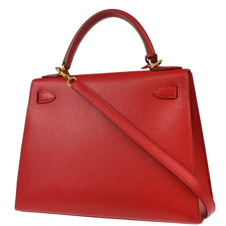 Hermes 2001 Rouge Vif Courchevel Kelly 28 Sellier 2way Shoulder Handbag