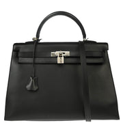 Hermes 2003 Black Vache Kelly 35 Sellier 2way Shoulder Handbag