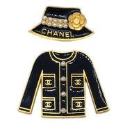 Chanel 2set Brooch Pin Iconic Jacket Hat Costume Pearl Black Gold 02A