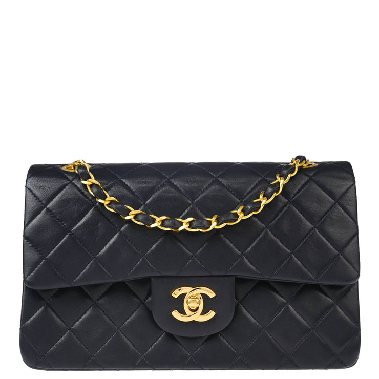 Chanel 1986-1988 Navy Lambskin Small Classic Double Flap Shoulder Bag