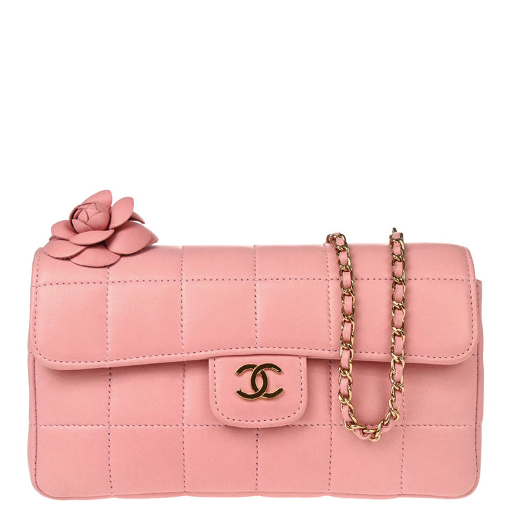 Chanel 2004-2005 Pink Lambskin Choco Bar Camellia Shoulder Bag