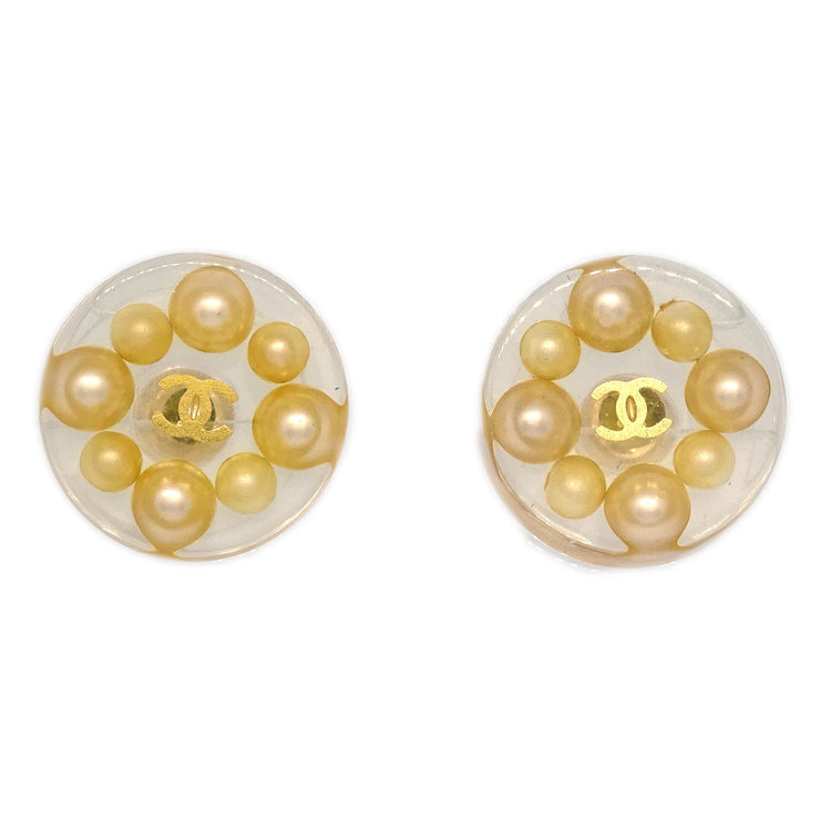 Chanel Button Piercing Earrings Costume Pearl Clear