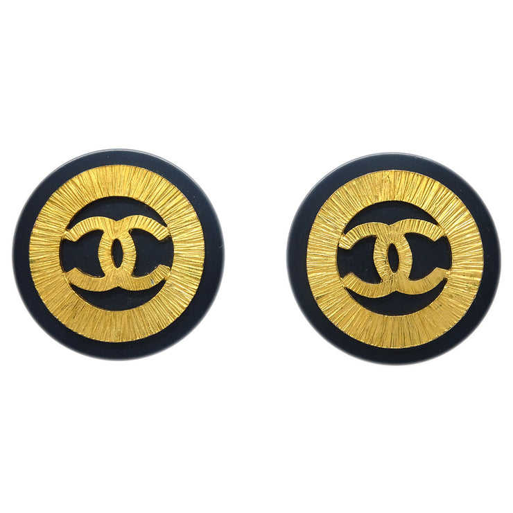 Chanel Button Earrings Clip-On Black Gold 93P