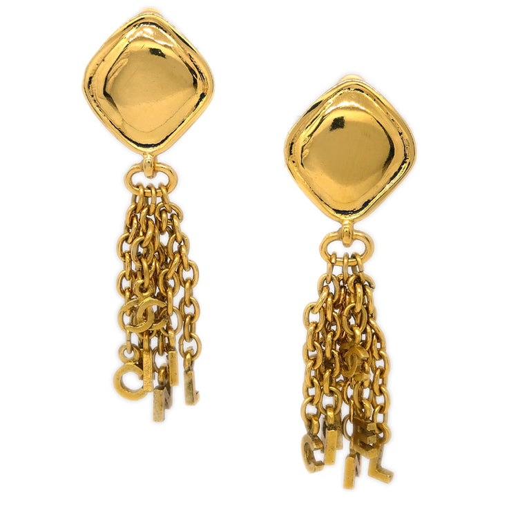 Chanel Dangle Fringe Rhombus Earrings Clip-On Gold 2371