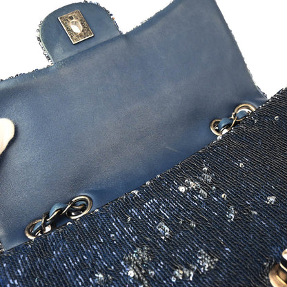 Chanel 2017 Blue Sequins Coco Cuba Flap Double Chain Shoulder Bag