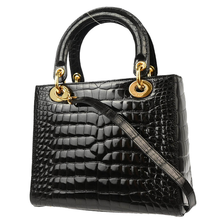 Christian Dior * Black Crocodile Medium Lady Dior 2way Shoulder Handbag