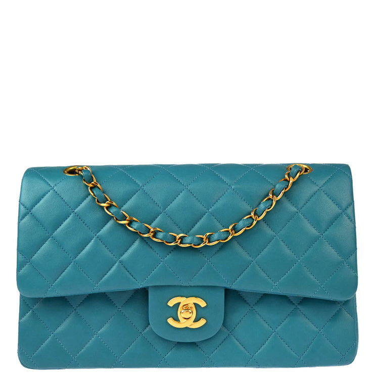 Chanel 1997-1999 Turquoise Blue Lambskin Medium Classic Double Flap Shoulder Bag