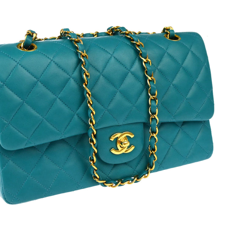 Chanel 1997-1999 Turquoise Blue Lambskin Medium Classic Double Flap Shoulder Bag