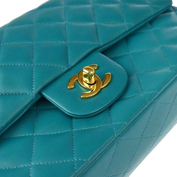 Chanel 1997-1999 Turquoise Blue Lambskin Medium Classic Double Flap Shoulder Bag