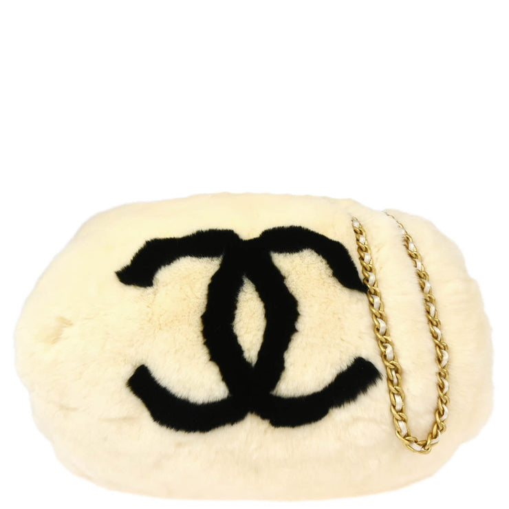 Chanel White Fur Hand Warmer Chain Shoulder Bag