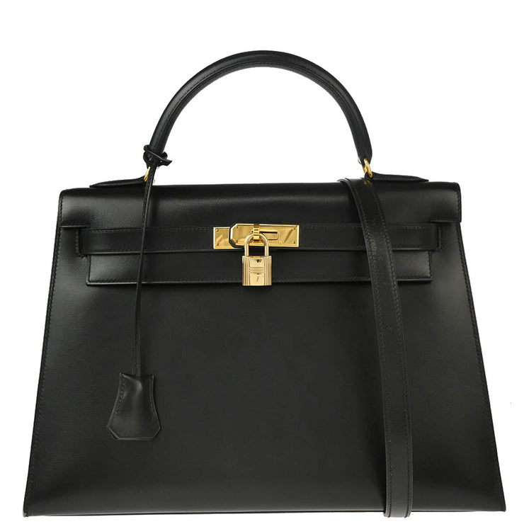 Hermes 1996 Black Box Calf Kelly 32 Sellier 2way Shoulder Handbag