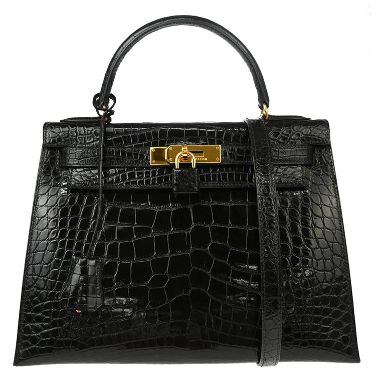 Hermes * 1992 Black Crocodile Alligator Kelly 28 Sellier 2way Shoulder Handbag