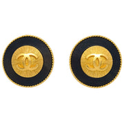 Chanel Button Earrings Clip-On Black Gold 93A