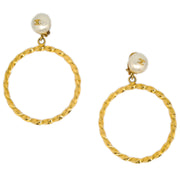 Chanel Hoop Earrings Gold Costume Pearl Clip-On 96A