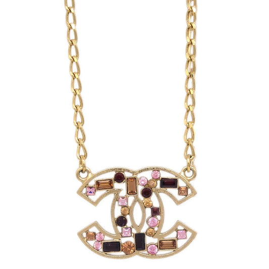 Chanel CC Chain Pendant Necklace Rhinestone Gold 03A