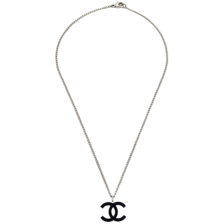 Chanel CC Chain Necklace Silver Black 04P