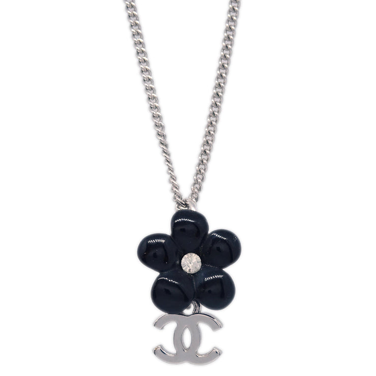 Chanel Flower Pendant Necklace Rhinestone Silver 05A