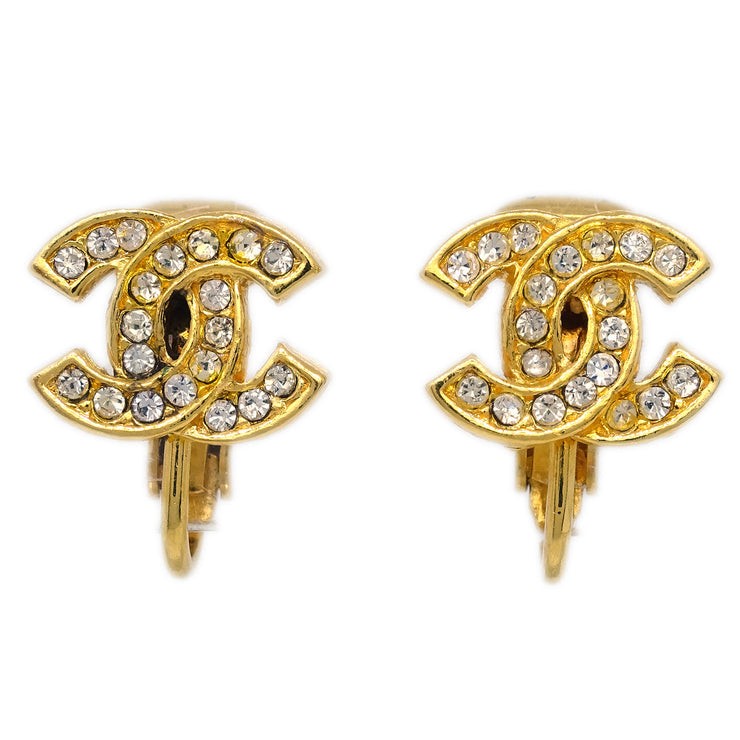 Chanel Gold CC Earrings Rhinestone Clip-On 2092