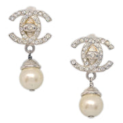 Chanel Silver Costume Pearl Rhinestone Dangle Earrings Clip-On 96A