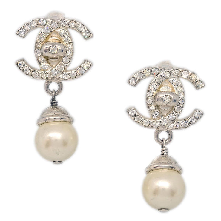 Chanel Silver Costume Pearl Rhinestone Dangle Earrings Clip-On 96A