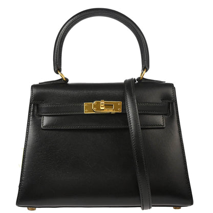 Hermes 1991 Black Box Calf Mini Kelly 20 Sellier 2way Shoulder Handbag