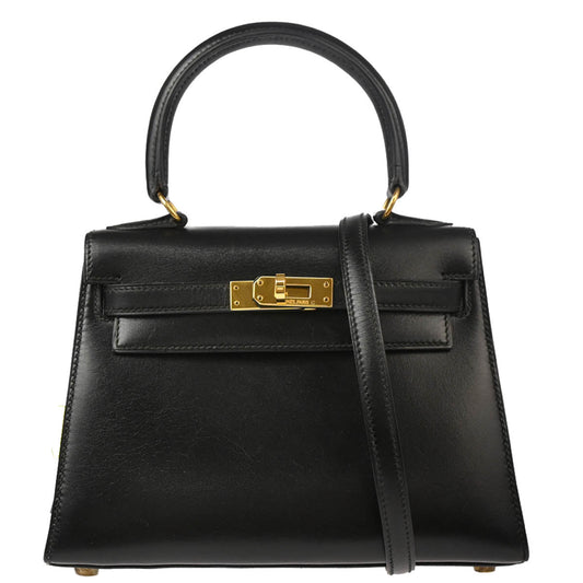 Hermes 1991 Black Box Calf Mini Kelly 20 Sellier 2way Shoulder Handbag