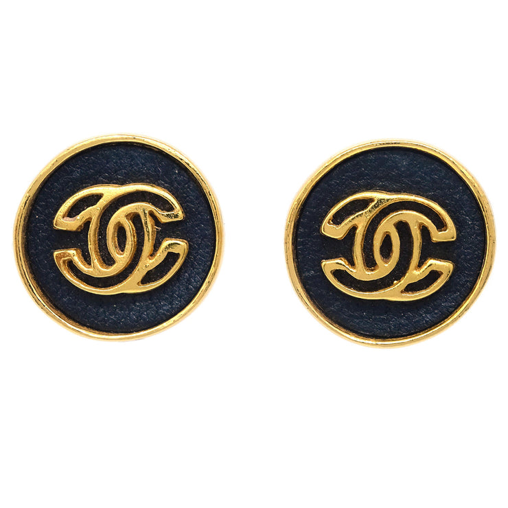 Chanel Button Piercing Earrings Black Gold 03P