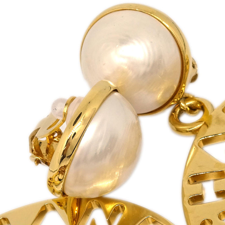 Chanel Dangle Hoop Earrings Clip-On Gold Artificial Pearl