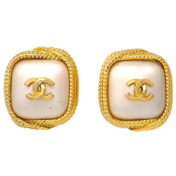 Chanel Square Costume Pearl Earrings Clip-On 96A