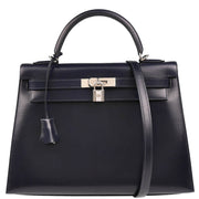 Hermes 2003 Navy Box Calf Kelly 32 Guilloche Sellier 2way Shoulder Handbag