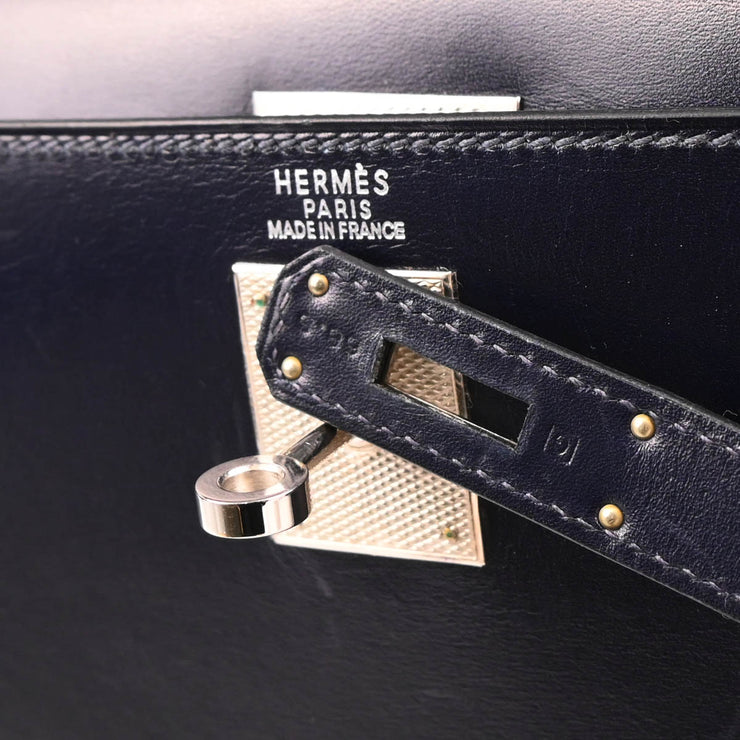 Hermes 2003 Navy Box Calf Kelly 32 Guilloche Sellier 2way Shoulder Handbag