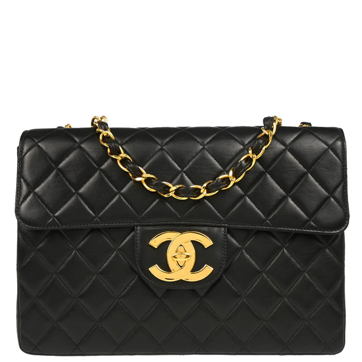 Chanel 1997-1999 Black Lambskin Jumbo Classic Flap Shoulder Bag