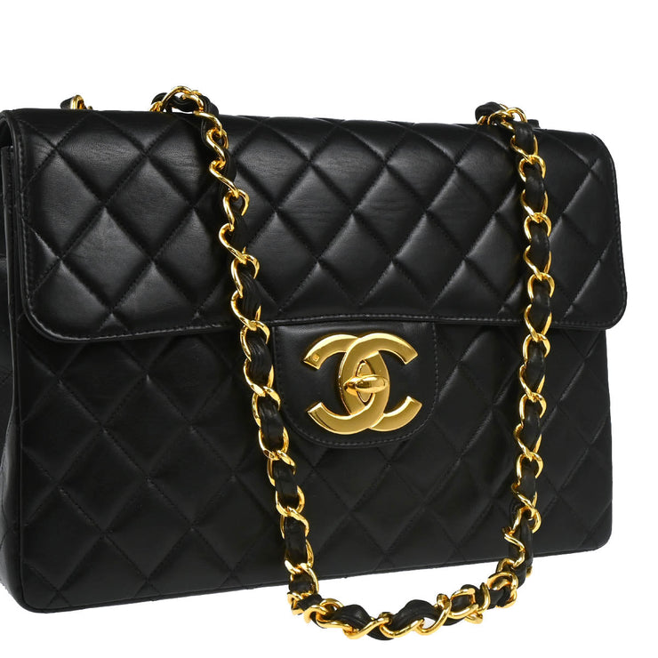 Chanel 1997-1999 Black Lambskin Jumbo Classic Flap Shoulder Bag