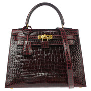 Hermes * 1998 Rouge H Porosus Crocodile Kelly 25 Sellier 2way Shoulder Handbag