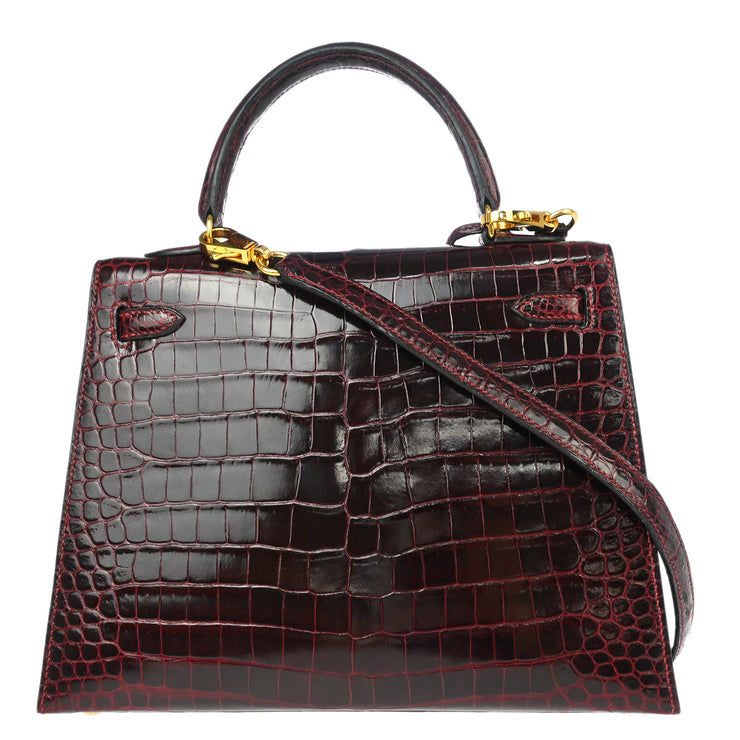 Hermes * 1998 Rouge H Porosus Crocodile Kelly 25 Sellier 2way Shoulder Handbag