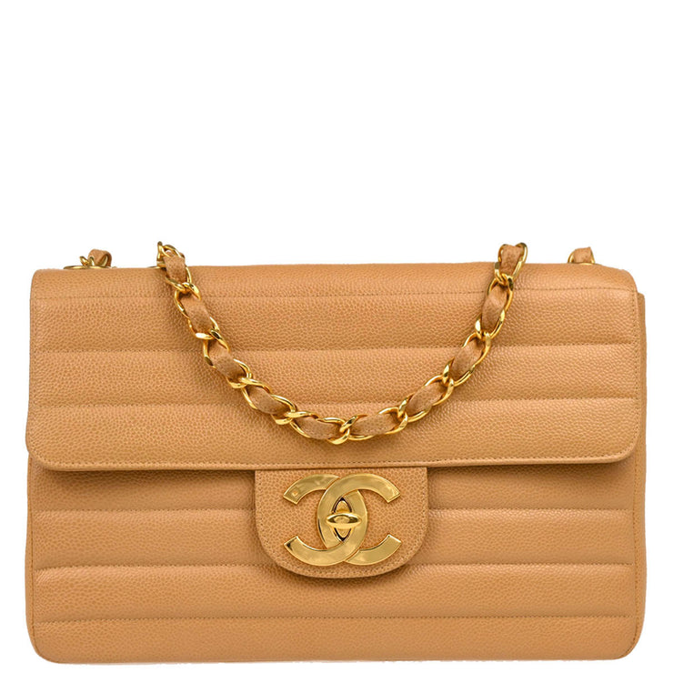 Chanel 1994-1996 Beige Caviar Jumbo Classic Flap Shoulder Bag