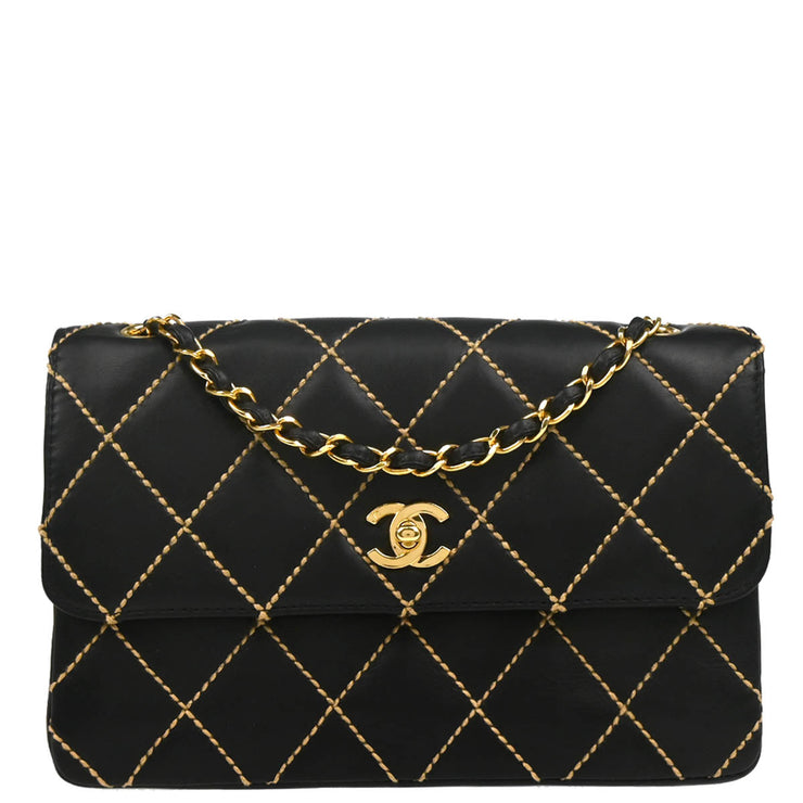 Chanel 2001-2003 Black Calfskin Wild Stitch Straight Flap Shoulder Bag