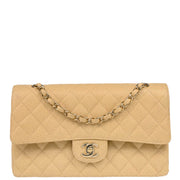 Chanel 2001-2003 Beige Caviar Medium Classic Double Flap Shoulder Bag