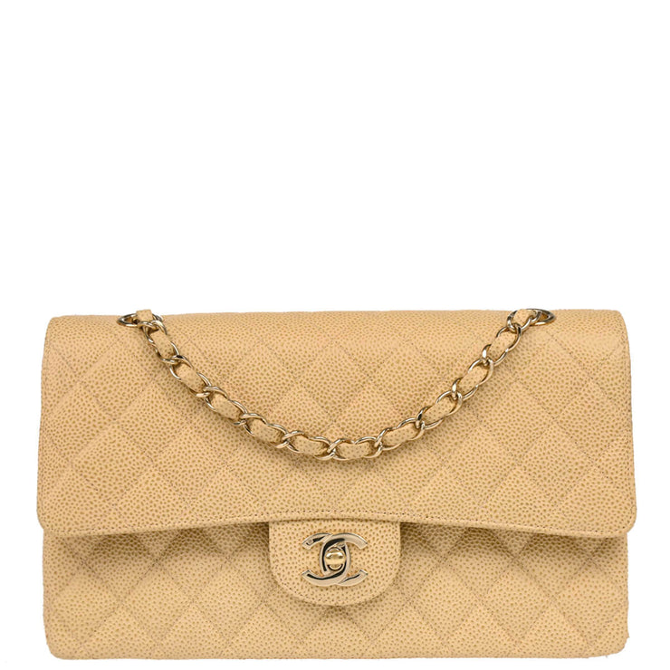 Chanel 2001-2003 Beige Caviar Medium Classic Double Flap Shoulder Bag