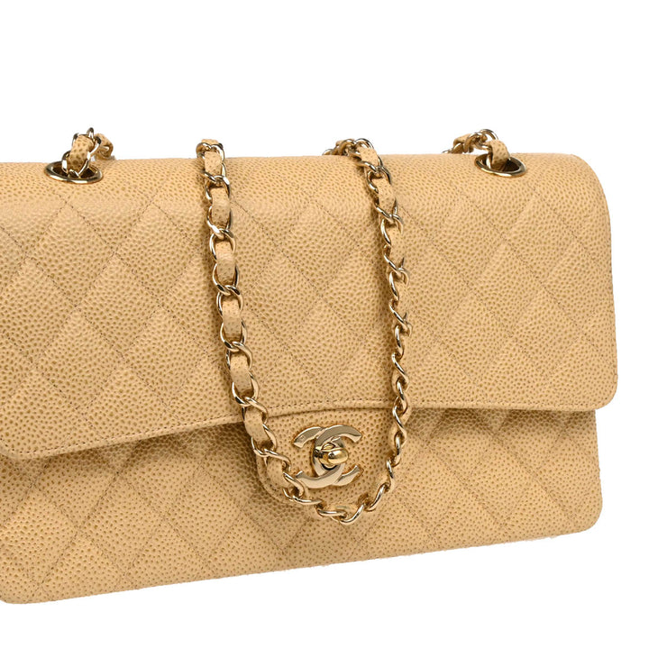 Chanel 2001-2003 Beige Caviar Medium Classic Double Flap Shoulder Bag