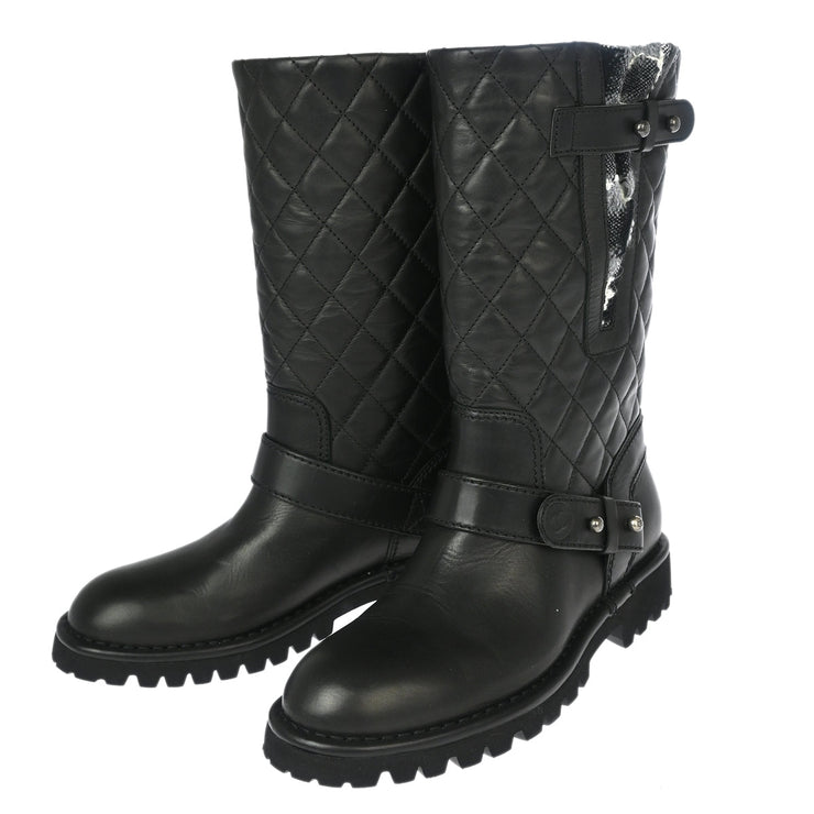 Chanel * Black Calfskin Middle Boots Shoes #37