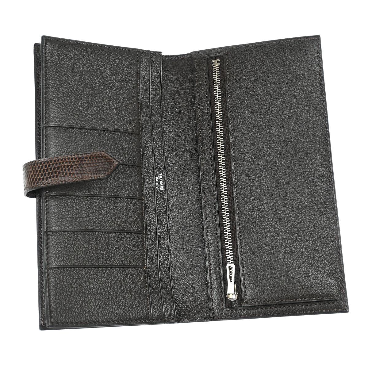 Hermes * 2008 Chocolat Lizard Bearn Soufre Bifold Long Wallet